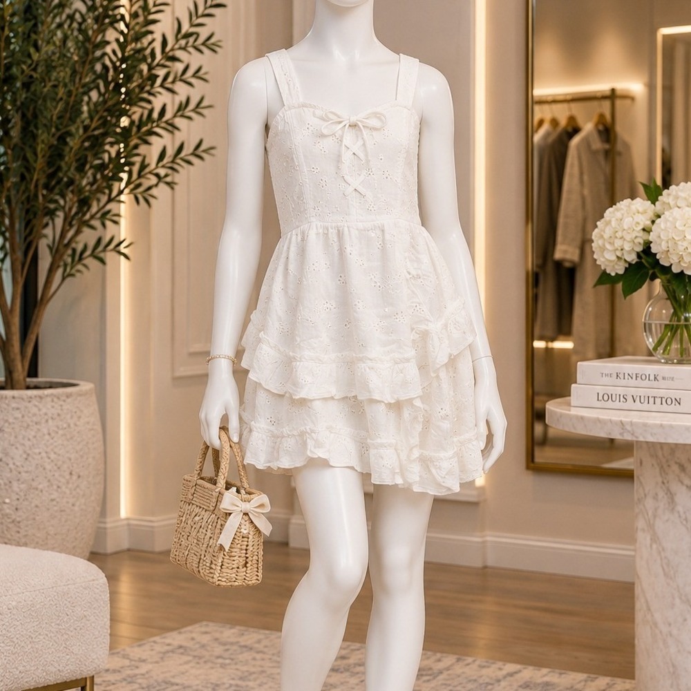 Justice Girls Tiered Eyelet Dress White Lace Up Floral Size 7/8